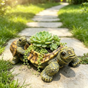 Puede incluir: Una maceta decorativa con forma de dos tortugas, una pequeña trepando sobre el caparazón de una más grande. El caparazón de la tortuga mayor sirve como recipiente para una planta suculenta verde con tallos colgantes y hojas redondas.