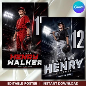 Canva Baseball Poster Template Editable Sports Banner Player Memory Card Printable, Senior Sports Banner 2026, Team Photo Collage template