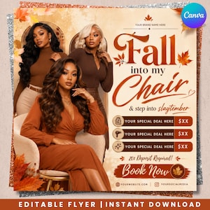 May include: A promotional flyer featuring three individuals in brown clothing with the text Fall into my Chair & step into slaytember, Your Special Deal Here, 20s Deposit Required!, Book Now, Your Brand Name Here, and placeholders for website and social media.