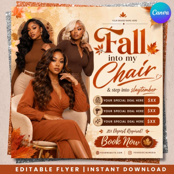 Fall Booking Flyer, Fall Szn Sale Flyer, September Booking Flyer, Autumn Beauty Flyer, Lash Nails Braids MUA Wig Install, Canva Template