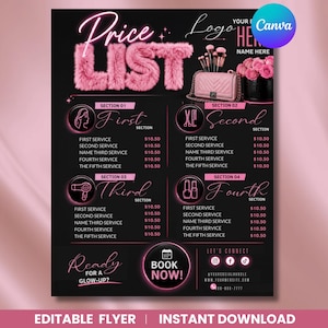 May include: A black flyer template titled Price List in pink fuzzy lettering. It features a pink handbag, makeup brushes, and roses. The layout includes four sections for services with prices listed at $10.50, a Book Now button, and social media icons.
