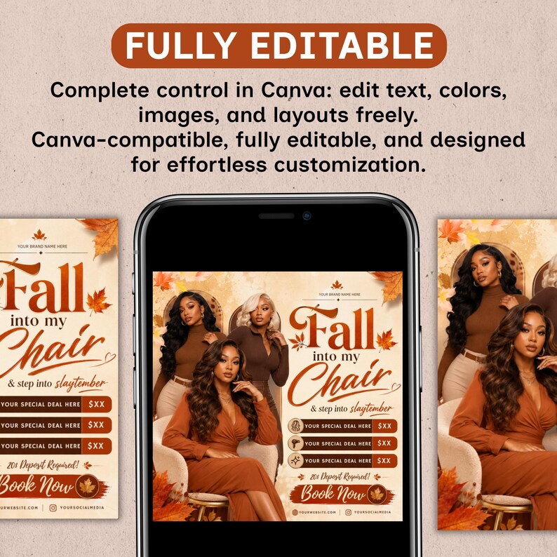 Fall Booking Flyer, Fall Szn Sale Flyer, September Booking Flyer, Autumn Beauty Flyer, Lash Nails Braids MUA Wig Install, Canva Template