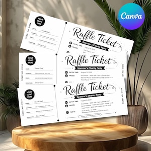 Puede incluir: Tres boletos de rifa blancos con texto y gráficos en negro. Cada boleto incluye un espacio para el logotipo, campos para nombre, dirección, correo electrónico y firma, además de detalles del evento Spencer's Charity Party del 31 de agosto de 2026.