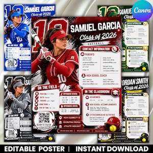 May include: A digital softball recruiting poster featuring a player in a red jersey holding a bat. The layout includes the name Samuel Garcia, Class of 2026, contact information, academic stats, and a QR code for highlights on a dark red background.