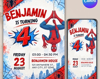 Editable Spider-Man Birthday Invitation, Spidey Kids Party Card, Superhero Canva Template, Instant Digital Download, Printable Party Invite