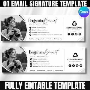 May include: A black and white email signature template featuring a photograph of a person holding a camera, the name Benjamin Bennet, contact details, a company name placeholder, and social media icons for wedding and portrait photography.