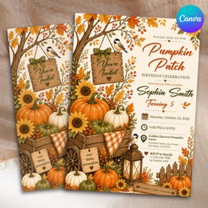 May include: A fall-themed birthday invitation featuring a wooden wagon filled with orange and white pumpkins, sunflowers, and autumn leaves. The text reads: Please join us for Pumpkin Patch birthday celebration honoring our little pumpkin Sophia Smith.