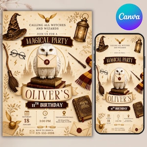May include: A magical party invitation for Oliver's 11th birthday featuring a white owl holding an envelope, a wizard hat, a broomstick, glasses, a lantern, a wand, and a striped scarf. The text includes date, time, location, and RSVP details.