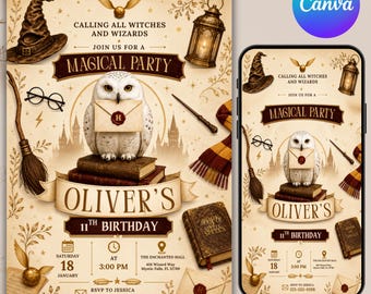 Witches Wizards Birthday Invitation, Magical School Wizard Party Invitation, Kids Birthday Party Invite, Digital Download, Canva Editable