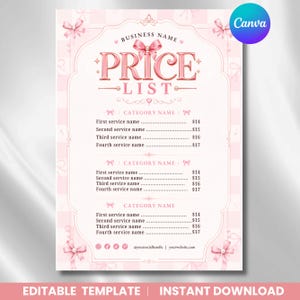 May include: A pink and white striped price list template featuring a central bow graphic, the text "BUSINESS NAME", "PRICE LIST", "CATEGORY NAME", and placeholders for services with prices listed in dollars. Decorative bows adorn the corners.