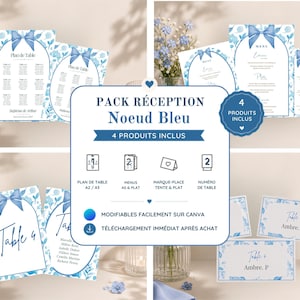 Peut inclure: Un ensemble de papeterie de réception avec un motif de nœud bleu et de fleurs. Le pack comprend un plan de table, des menus, des marque-places et des numéros de table. Le texte indique PACK RÉCEPTION NOEUD BLEU, 4 PRODUITS INCLUS et divers éléments.