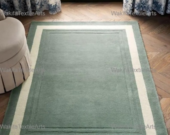 Handmade New Zealand Wool Rug, Sage Green Border Carpet, Hand Tufted Area Rug