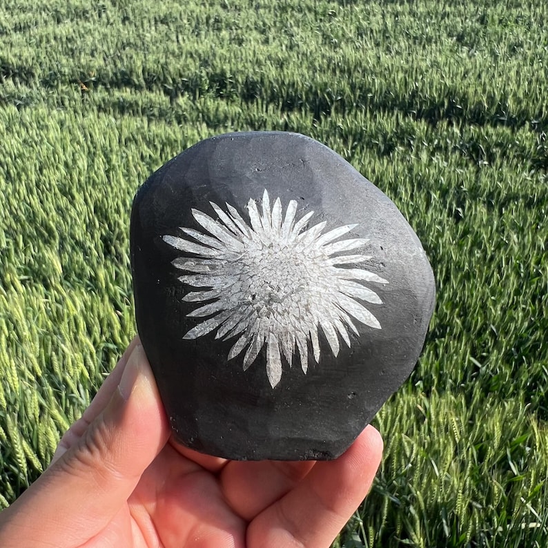 May include: A black, smooth stone with a white, detailed flower design carved into its surface. The stone is held in a hand, with a background of green grass. The flower design is centered on the stone.