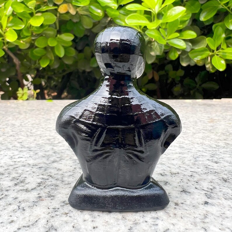 May include: A glossy black bust sculpture, viewed from the back, with a detailed depiction of the upper torso and head. The sculpture has a smooth, reflective surface and sits on a rectangular base. The background features green foliage.
