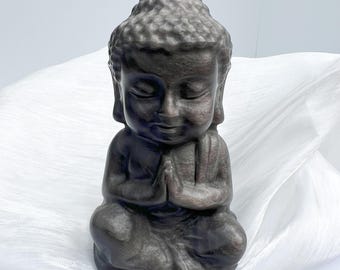 Silver Obsidian Baby Buddha Carving - 4.5" Hand-Carved Crystal Buddha Figurine |Chakra Healing & Protection | Spiritual Awakening