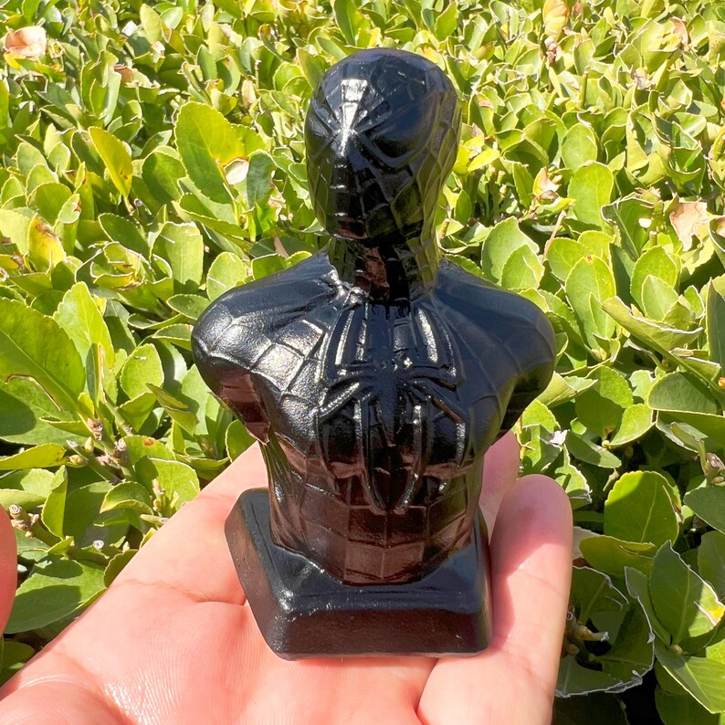 May include: A black bust of Spider-Man, featuring the character's iconic mask and suit design. The bust is held in a hand, showcasing the glossy finish and intricate details of the superhero's costume. The bust is set against a backdrop of green foliage.