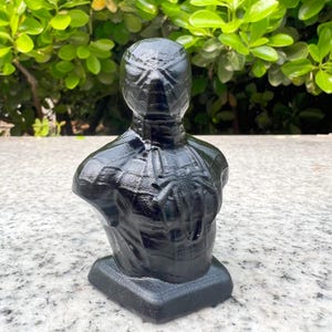 May include: A black bust of a superhero with a textured surface. The sculpture depicts the upper body and head, with a detailed mask and costume design. The bust is mounted on a square base.