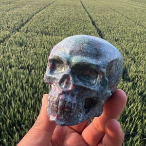 Ruby in Kyanite Crystal Skull Carving - 3.5" Hand-Carved UV Reactive Skull | Spiritual Awakening & Protection | Reiki | Witchy Altar Decor