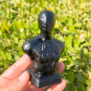 May include: A black bust of Spider-Man, featuring the character's iconic suit design. The sculpture is detailed with web patterns and a spider emblem on the chest. The bust is on a small, square base.