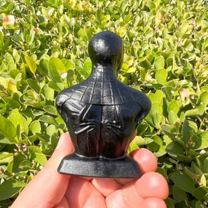 May include: A black bust of Spider-Man, viewed from the back, with the iconic spider emblem visible. The sculpture is set against a backdrop of green foliage, highlighting the detailed texture of the superhero's suit.