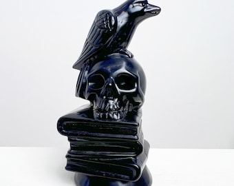 4”Obsidian Skull with Book&Raven Carving|Hand-Carved Crystal Skull Figurine,Reiki Healing,Grounding,Protection, Gothic Home Decor