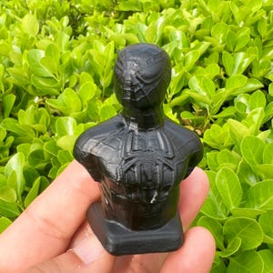 May include: A black bust of Spider-Man, featuring the character's iconic mask and costume details. The sculpture is held in a hand against a backdrop of green foliage, showcasing the superhero's chest and shoulders.