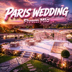 Pode incluir: Um local para casamentos ao ar livre com mesas preparadas para uma recepção. A imagem apresenta o texto "Paris Wedding" e "Fivem Mlo" em uma fonte estilizada. O local é decorado com luzes e arranjos florais, em um fundo de pôr do sol.