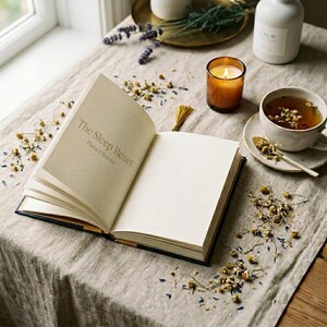 May include: An open book titled "The Sleep Reset" with blank pages, a lit candle, and a cup of tea with chamomile flowers on a linen tablecloth. Dried flowers and a bottle labeled "CALM" are also present, creating a relaxing atmosphere.