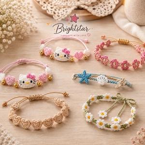 May include: A collection of six handmade crochet bracelets featuring various designs including white cat faces with pink bows, pink hearts, gold beads, pink and white flowers, blue starfish, white seashells, beige hearts, and white daisy flowers.
