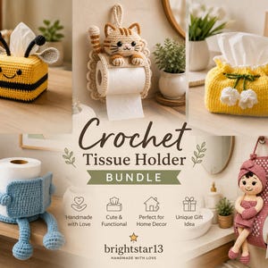 May include: A crochet tissue holder bundle featuring a yellow bee, a cat toilet paper holder, a yellow cherry-themed cover, a blue character toilet paper holder, and a pink doll-themed toilet paper holder with the text Crochet Tissue Holder BUNDLE.
