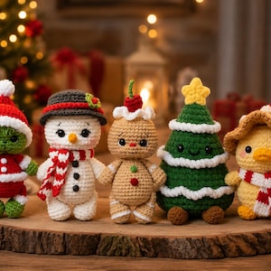 Gehäkeltes Weihnachtsplüschtier-Set, Amigurumi-Schneemann, Lebkuchenmann, Ente, Baum, Grinch-Weihnachtsdeko