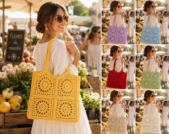Crochet Tote Bag Pattern | Boho Granny Square Market Bag Tutorial (PDF)