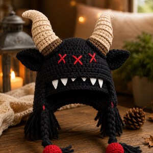 Berretto mostruoso all'uncinetto con corna, cappello da demone/diavolo spettrale, berretto per cosplay di Halloween, berretto invernale fatto a mano con paraorecchie e campanellini, regalo gotico