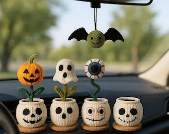 Halloween Crochet Decor | Handmade Ghost Pumpkin Bat & Eyeball Plush Plant Set | Voodoo Doll Inspired Desk Decor | Gothic Gift