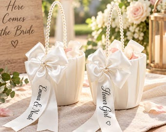 Flower Girl Baskets Custom Name on Ribbon, Personalized Basket for Bridesmaids