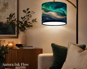 Aurora Ink Flow Arc Floor Lamp | Teal Marble Fluid Art Shade, Modern Lighting