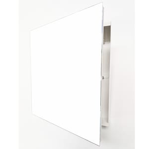 May include: A square wall-mounted medicine cabinet featuring a reflective mirrored front door. The cabinet has a white frame and is shown slightly open, revealing the interior side panel and internal shelving structure within the white casing.