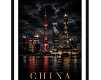 Shanghai Skyline Print | Dark Moody Shanghai Wall Art | China City Poster