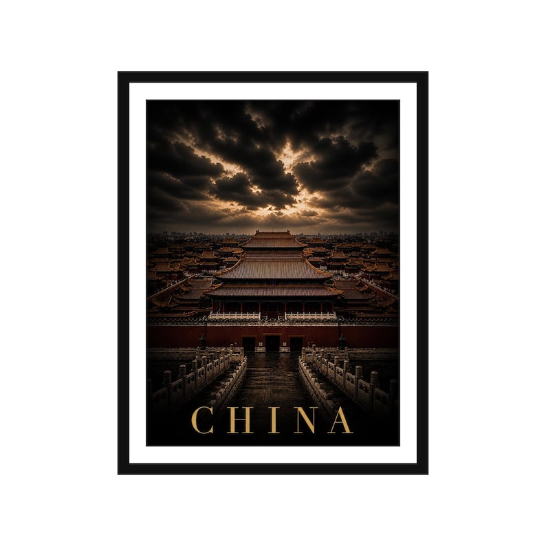 May include: A framed print featuring a dramatic view of a Chinese palace complex under a stormy sky. The image is dominated by the palace's red roofs and intricate architecture, with the word "CHINA" in gold lettering at the bottom.