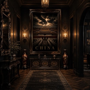 May include: A dark, ornate hallway with a large framed artwork depicting a Chinese cityscape under a dramatic sky. The word "CHINA" is visible on the artwork. The space features a patterned rug, antique furniture, and decorative lighting.