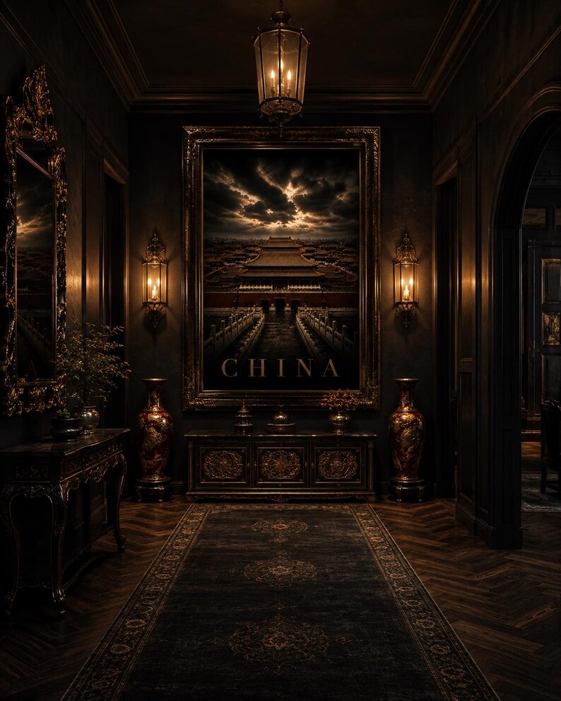 May include: A dark, ornate hallway with a large framed artwork depicting a Chinese cityscape under a dramatic sky. The word "CHINA" is visible on the artwork. The space features a patterned rug, antique furniture, and decorative lighting.