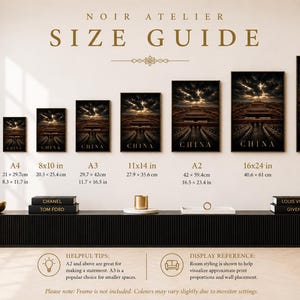 May include: A size guide displays framed art prints with a Chinese architectural theme. The prints vary in size from A4 (8.3 x 11.7 inches) to 24x36 inches (61 x 91.4 cm). The word "CHINA" is printed on each artwork.