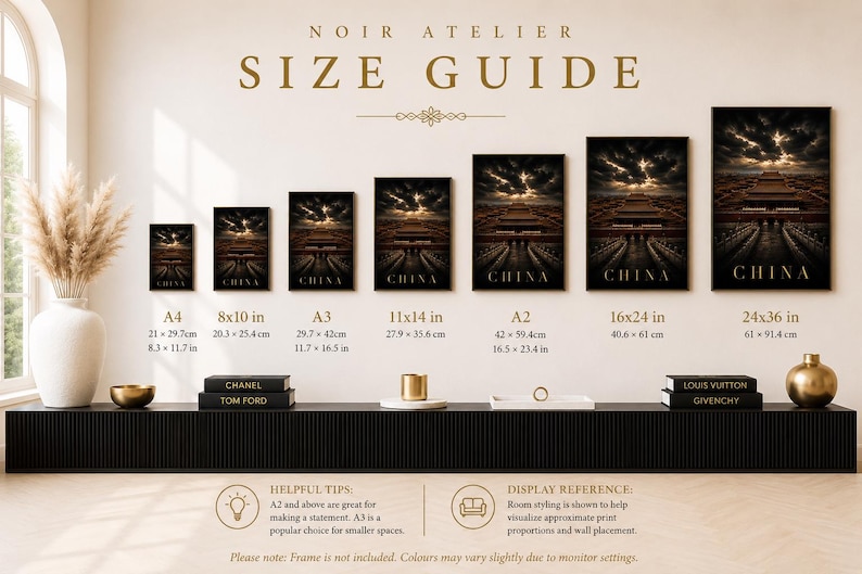 May include: A size guide displays framed art prints with a Chinese architectural theme. The prints vary in size from A4 (8.3 x 11.7 inches) to 24x36 inches (61 x 91.4 cm). The word "CHINA" is printed on each artwork.