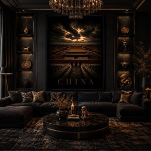 May include: A luxurious living room with dark walls, a large sectional sofa, and a round coffee table. A large artwork with the word "CHINA" is displayed above the sofa. The room is decorated with gold accents, a chandelier, and a patterned rug.