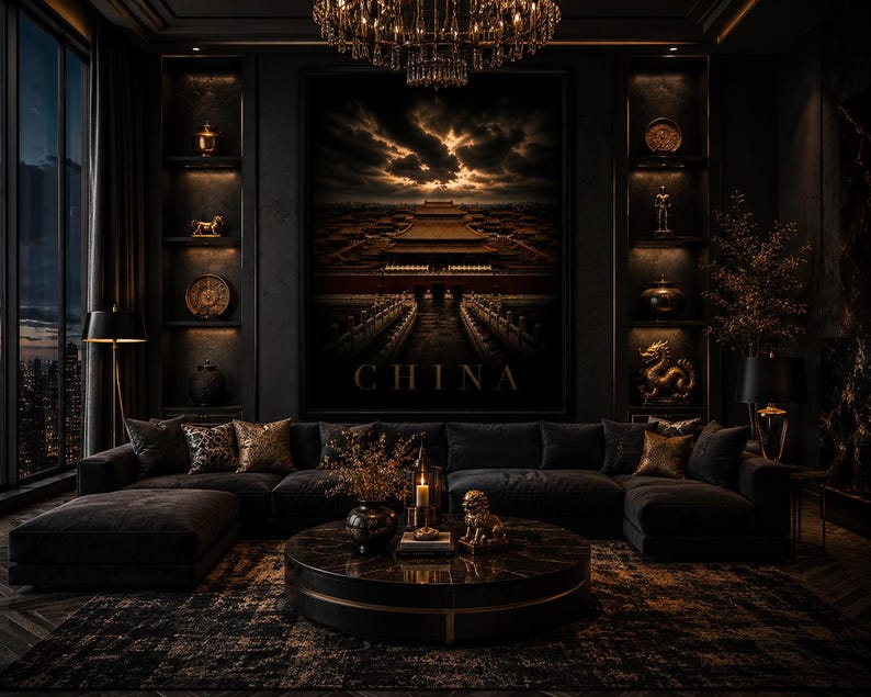 May include: A luxurious living room with dark walls, a large sectional sofa, and a round coffee table. A large artwork with the word "CHINA" is displayed above the sofa. The room is decorated with gold accents, a chandelier, and a patterned rug.
