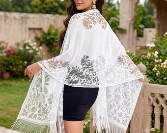 Floral Lace Fringe Shawl Wrap, Sheer Boho Kimono Cover Up, Tassel Poncho Cape