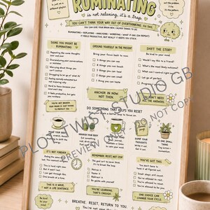 Könnte beinhalten: Ein gerahmtes Lehrplakat mit dem Titel ADHD Brain Reset Ruminating is not relaxing, it's a trap. Der hellgrüne und weiße Druck enthält Text, Checklisten und kleine Illustrationen eines Gehirns, einer Kaffeetasse, einer Pflanze und einer Uhr.