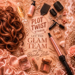 May include: A collection of beauty and hair products, including a curling iron, makeup, and hair rollers, arranged on a textured surface. The image includes the text "Plot Twist Studio" and "Let the Glam Team see the Bride Zilla."