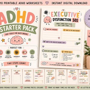 May include: A set of 10 printable ADHD worksheets featuring pastel colours and cartoon brain illustrations. The text includes ADHD STARTER PACK, EXECUTIVE DYSFUNCTION SOS, and various task lists like BRAIN DUMP and DOPAMINE MENU. Includes digital download icons.