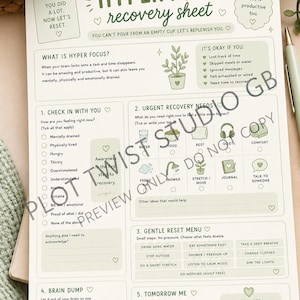 May include: A white paper recovery sheet with sage green text and graphics titled Hyper Focus recovery sheet. The document includes sections for checking in, urgent recovery needs, a gentle reset menu, a brain dump, and tomorrow me.